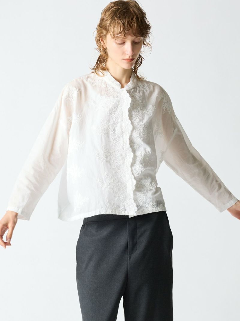 lace stand collar wide shirt / off white