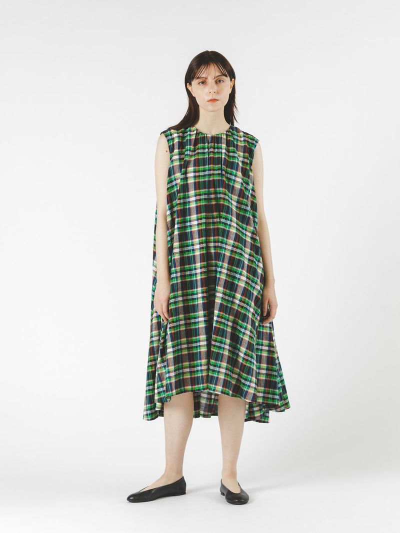 madras check gather neck long OP / green