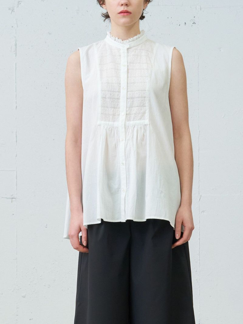 lace combi frill N/S shirt / off white
