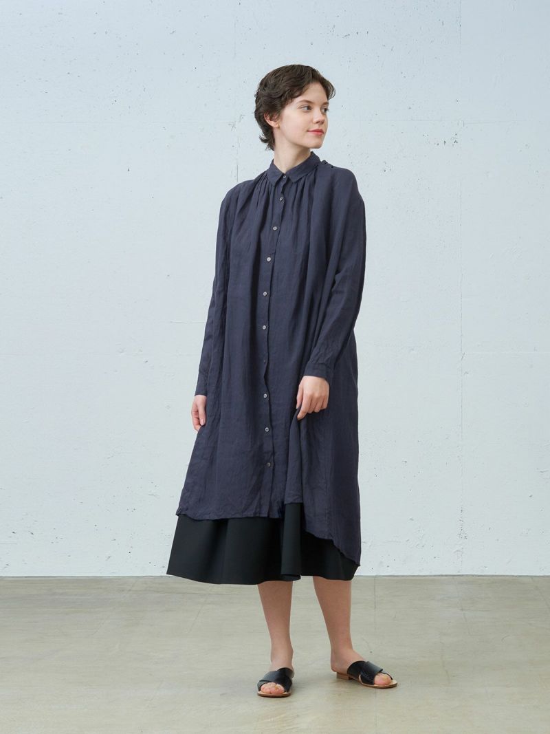 french linen gather A line OP / navy