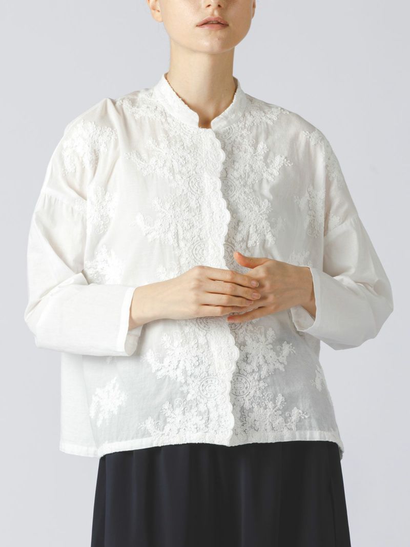 front lace stand collar wide shirt / off white