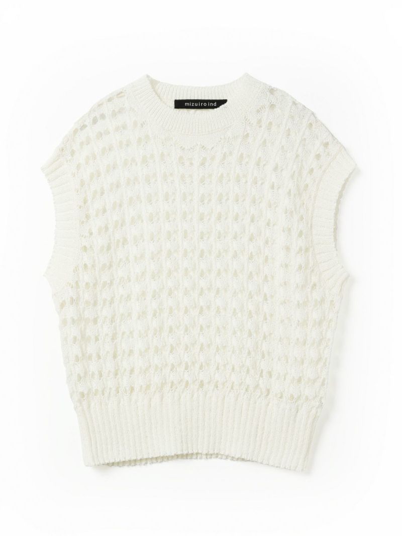 pattern knitting c/neck vest / off white