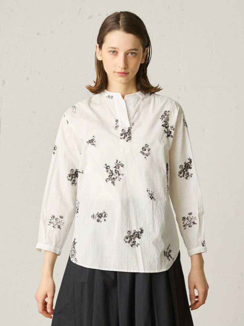 flower print skipper shirt tunic / off white×black
