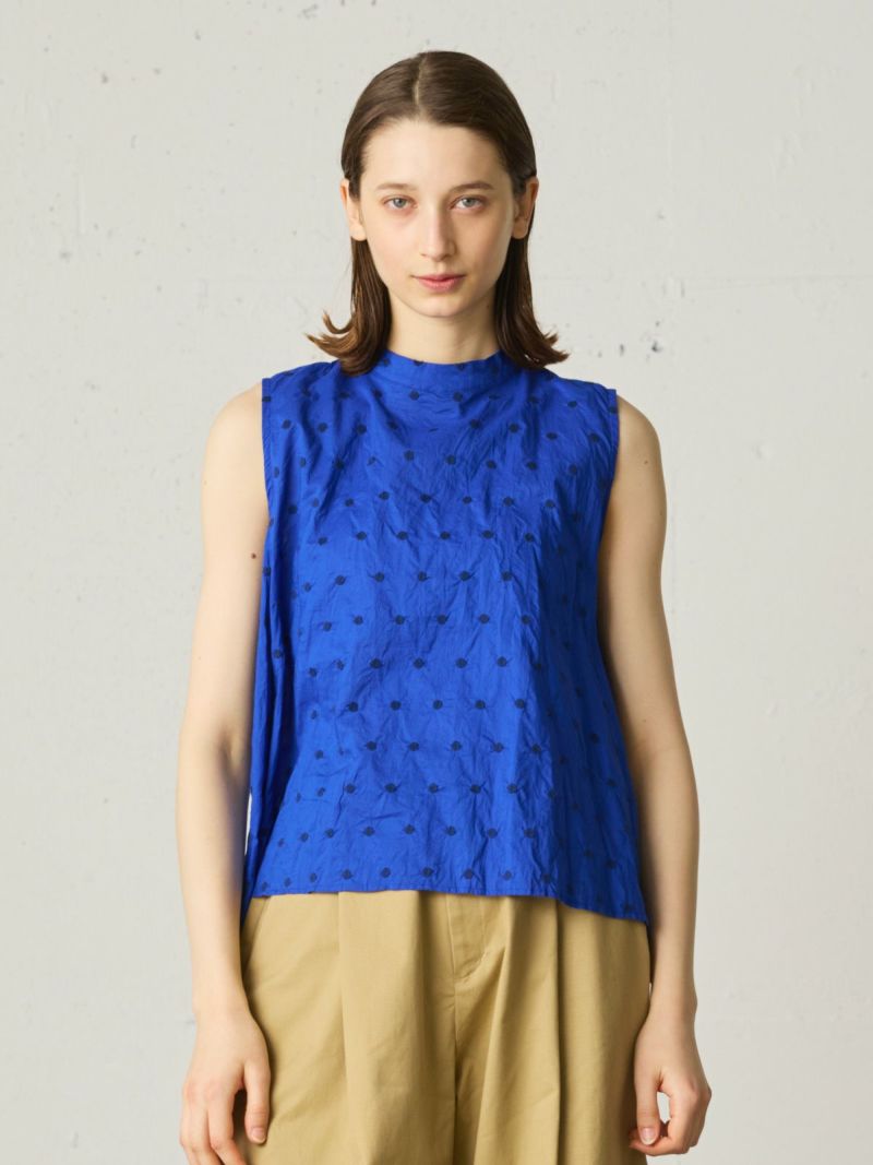 dots embroidery short shirt / blue × navy