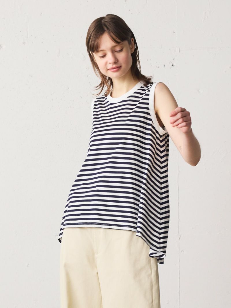 crew neck n/s flare tank top / off white×navy