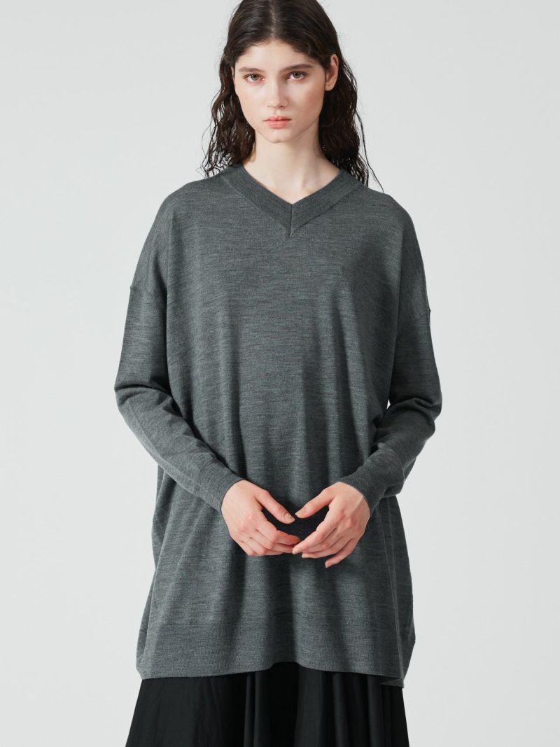 high gauge V neck wide tunic / gray