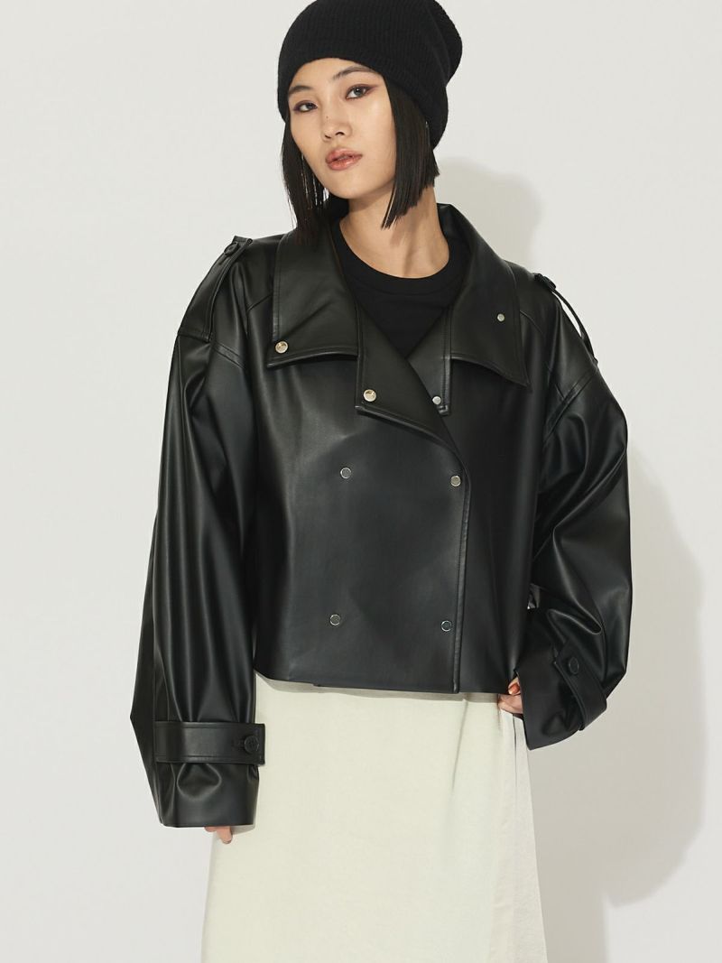 synthetic leather double trench jacket / black