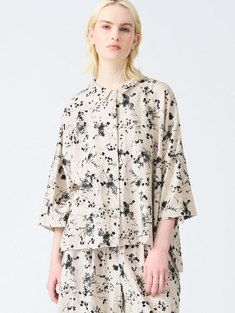 rayon linen print wide shirt / black