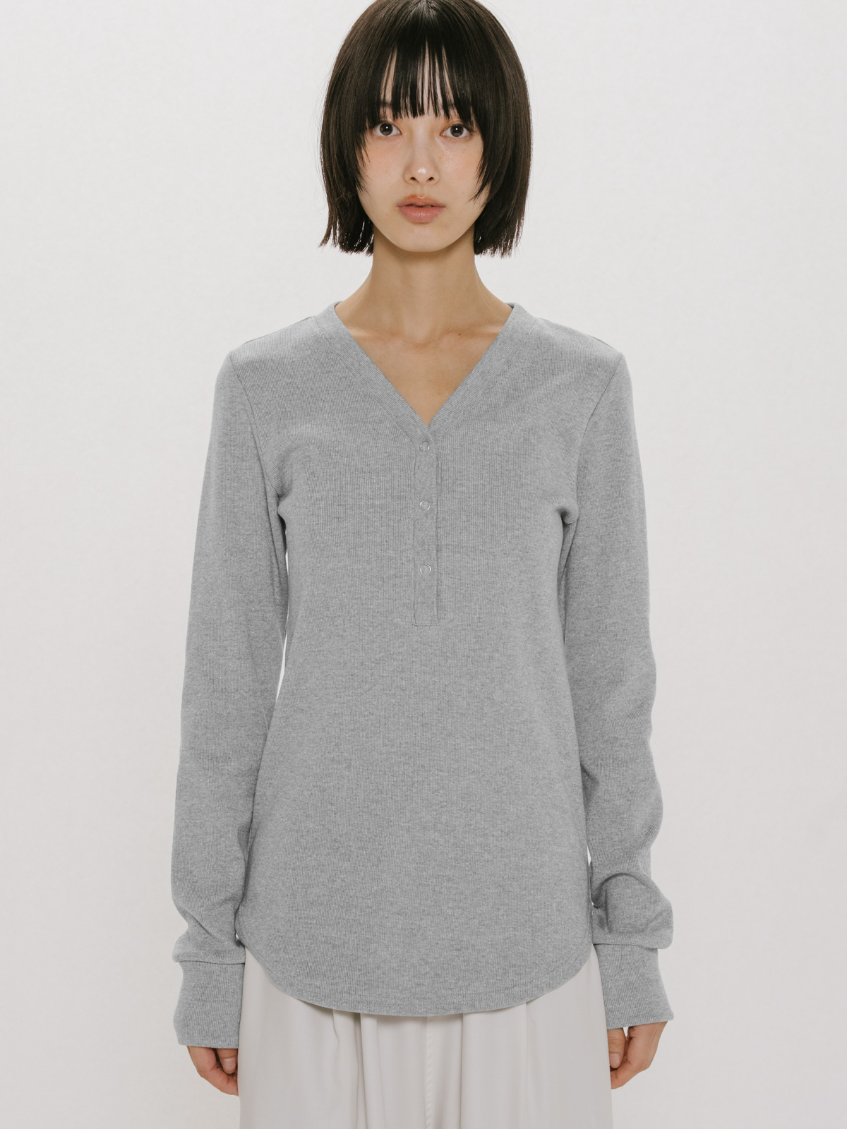 rib henley neck pullover / top gray