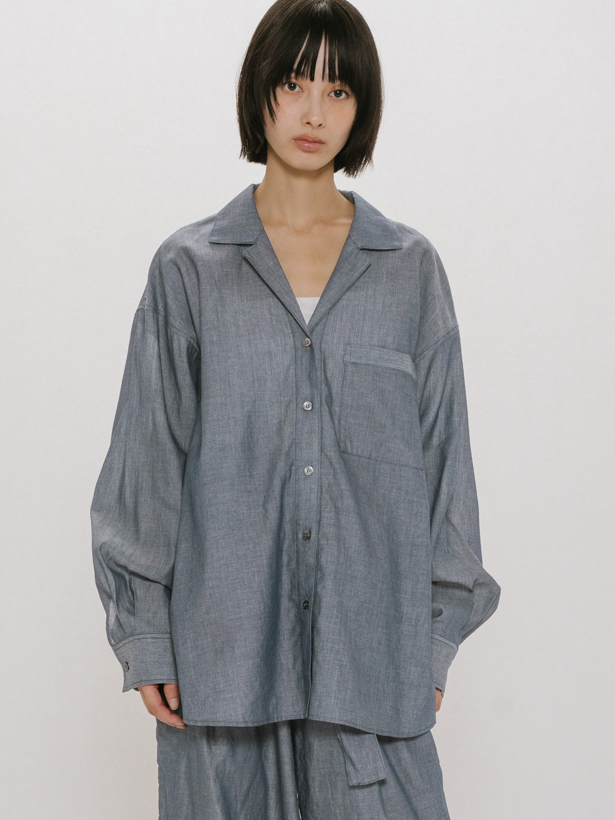 sheer denim open collar shirt / navy