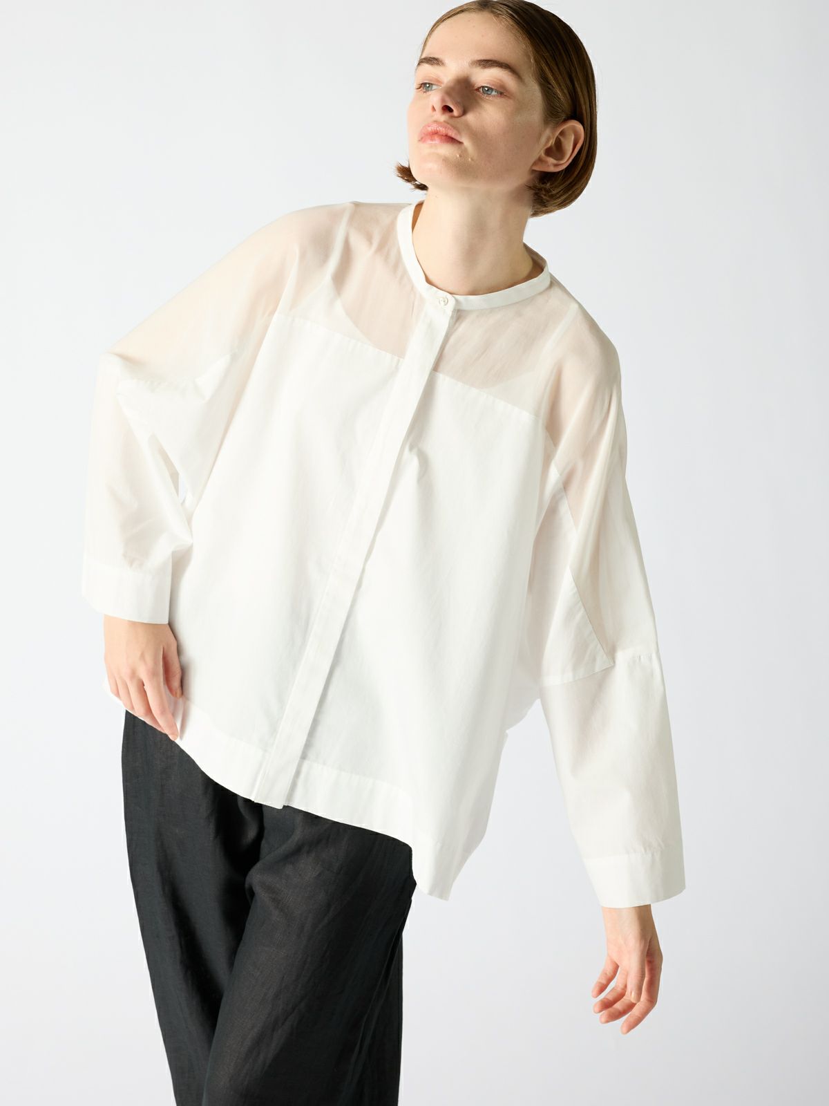 sheer voile mix stand collar wide shirt