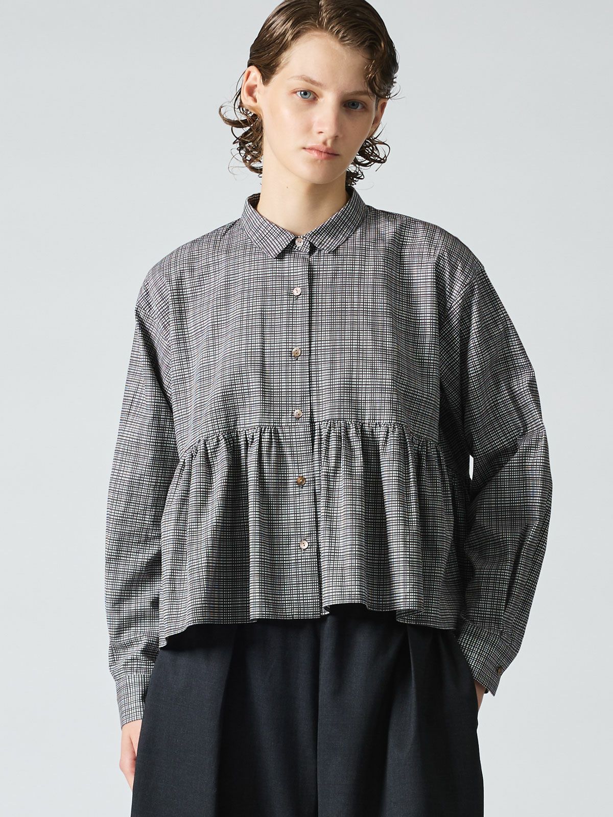 check print gather waist shirt