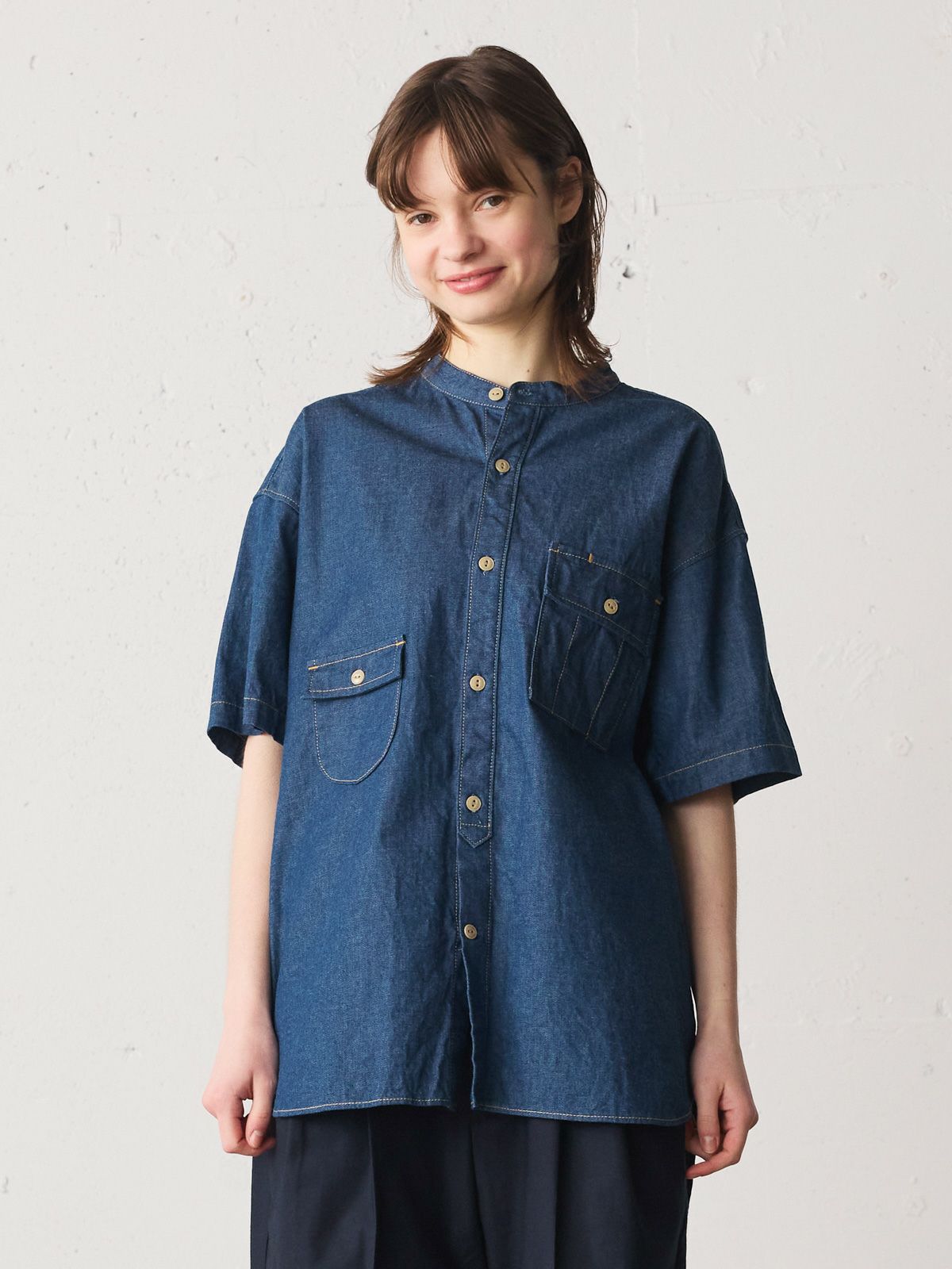 denim half slv stand collar shirt