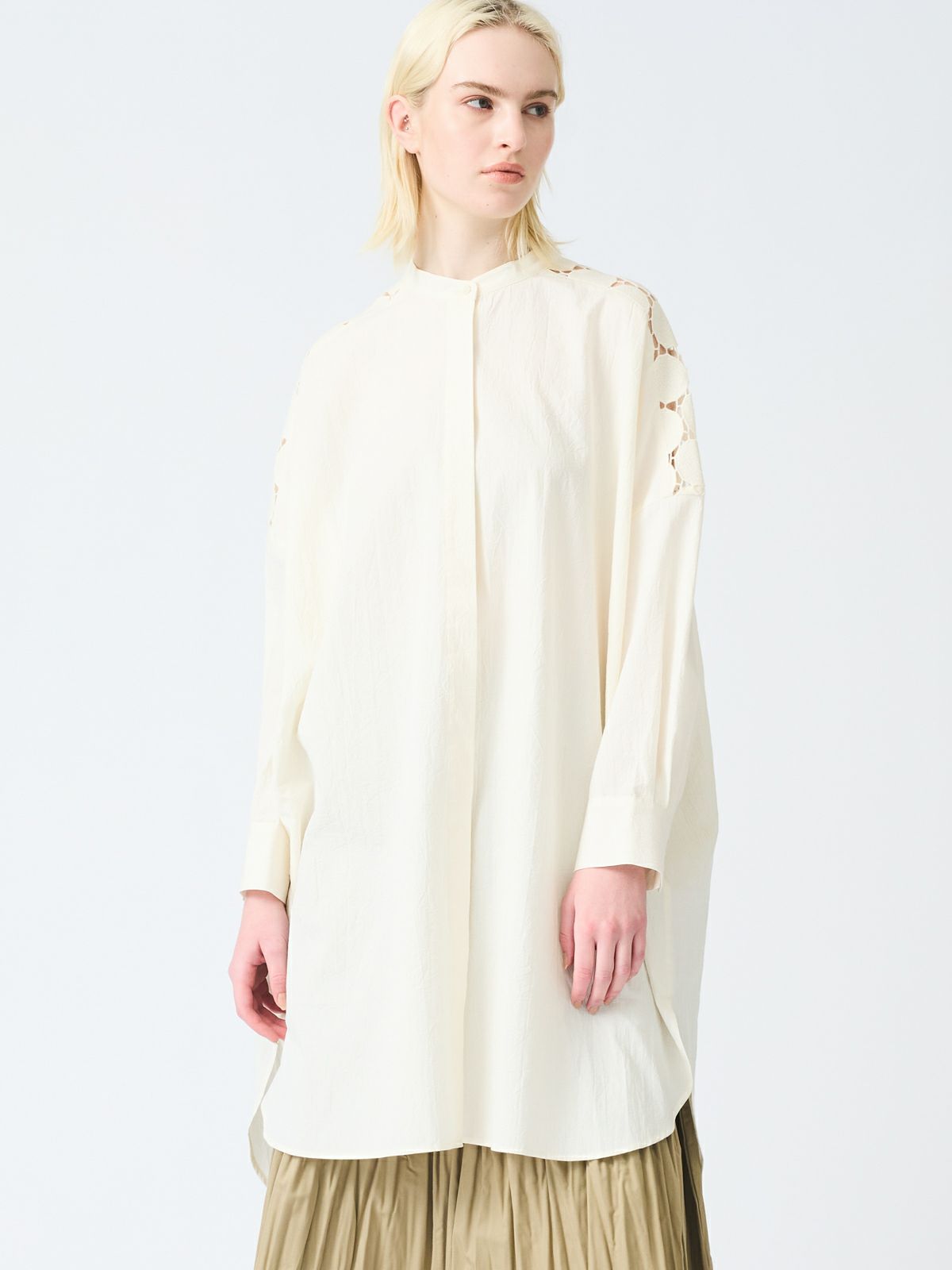 mizuiro ind レースミックススタンドカラーシャツワンピース  