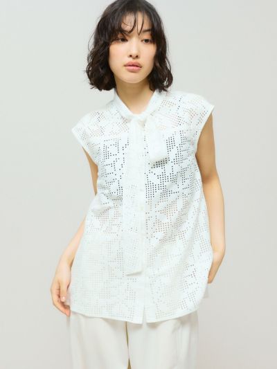 MIDIUMISOLID for Ladies レースボウタイノースリーブブラウス