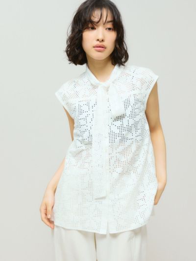 MIDIUMISOLID for Ladies レースボウタイノースリーブブラウス
