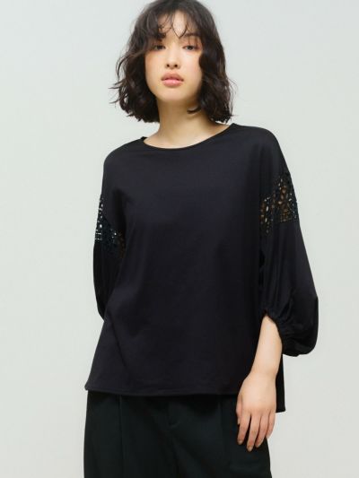 MIDIUMISOLID for Ladies レース切り替えパフスリーブプルオーバー