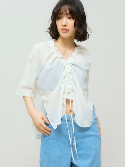 MIDIUMISOLID for Ladies ハーフスリーブドローストリングカーディガン