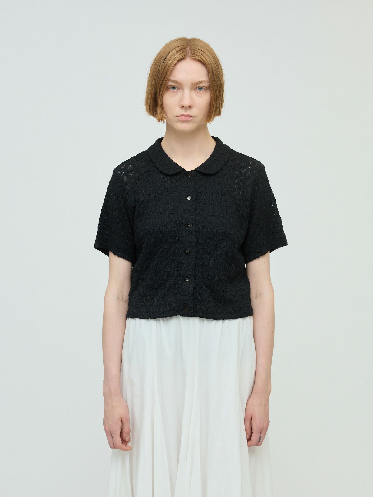 stretch lace round collar shirt
