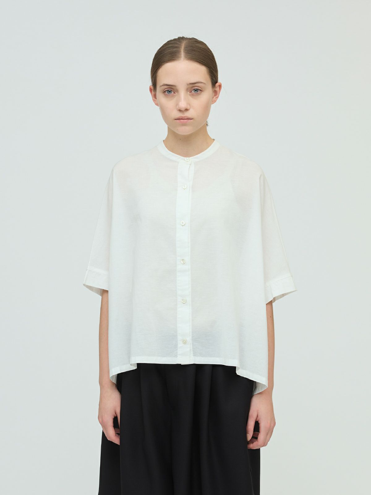 linen blend stand collar wide shirt