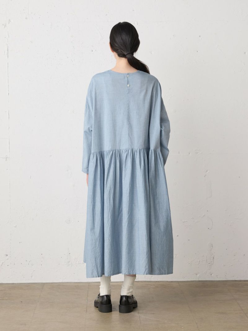 ローウエストギャザーワンピース　播州織コットン薄起毛シャンブレー。.＊ MidiUmi シャンブレーギャザーワンピース｜ MARcourt ONLINE STORE