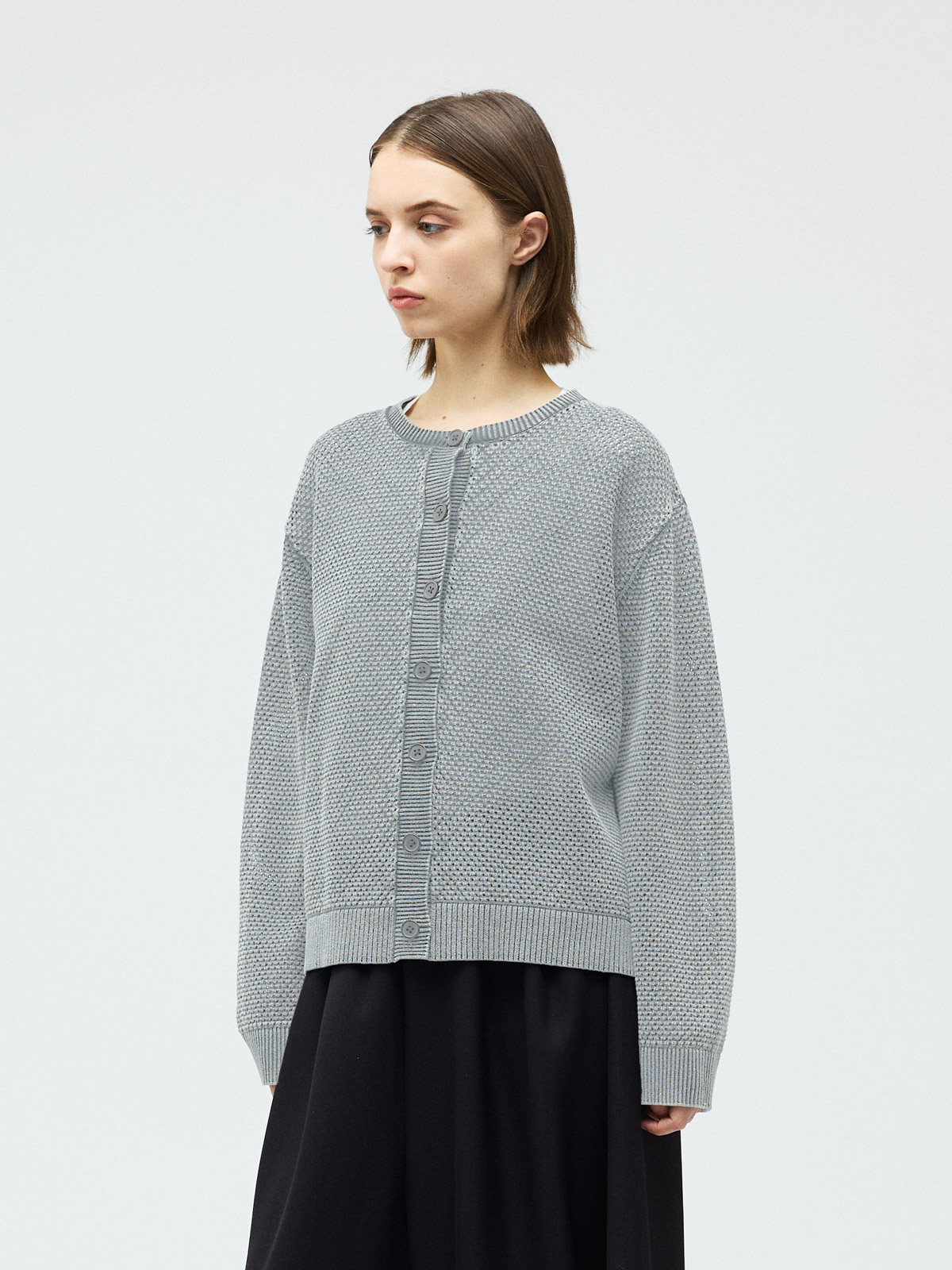 ストーンウォッシュメッシュクルーネックカーディガン 横