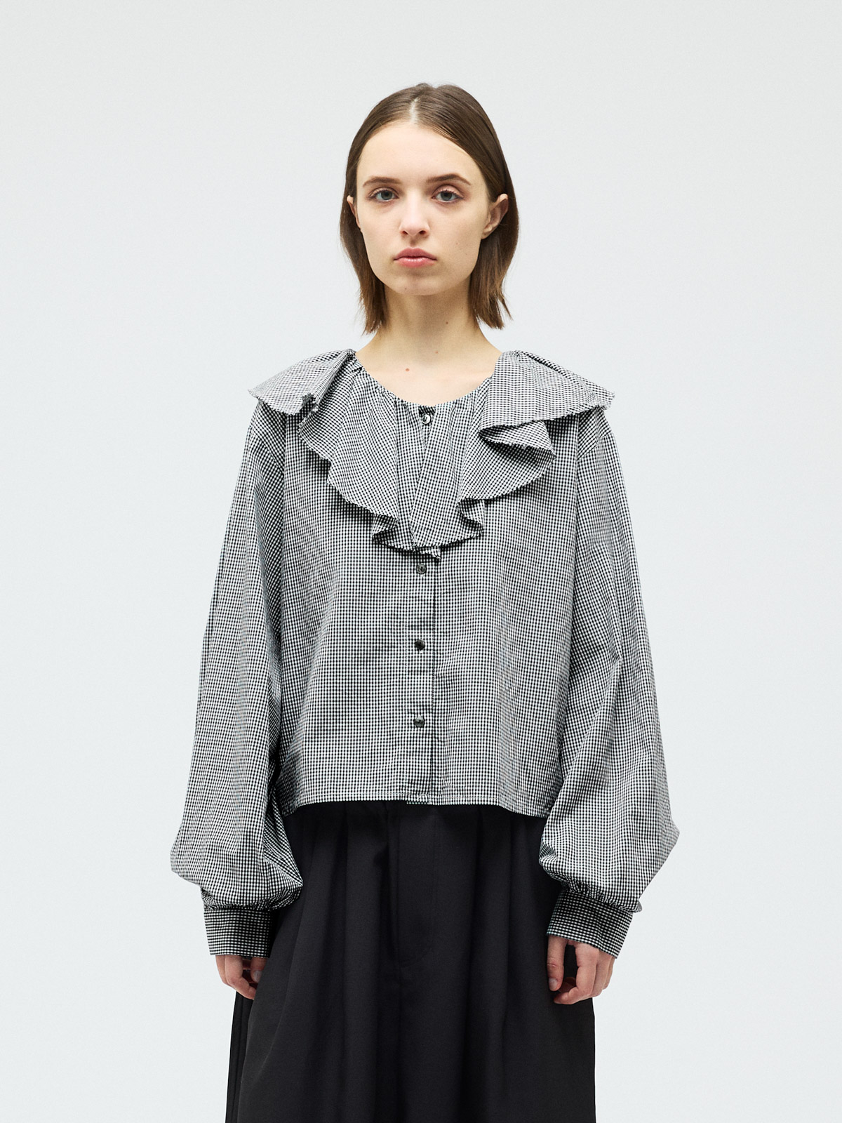 check frill gather collar shirt