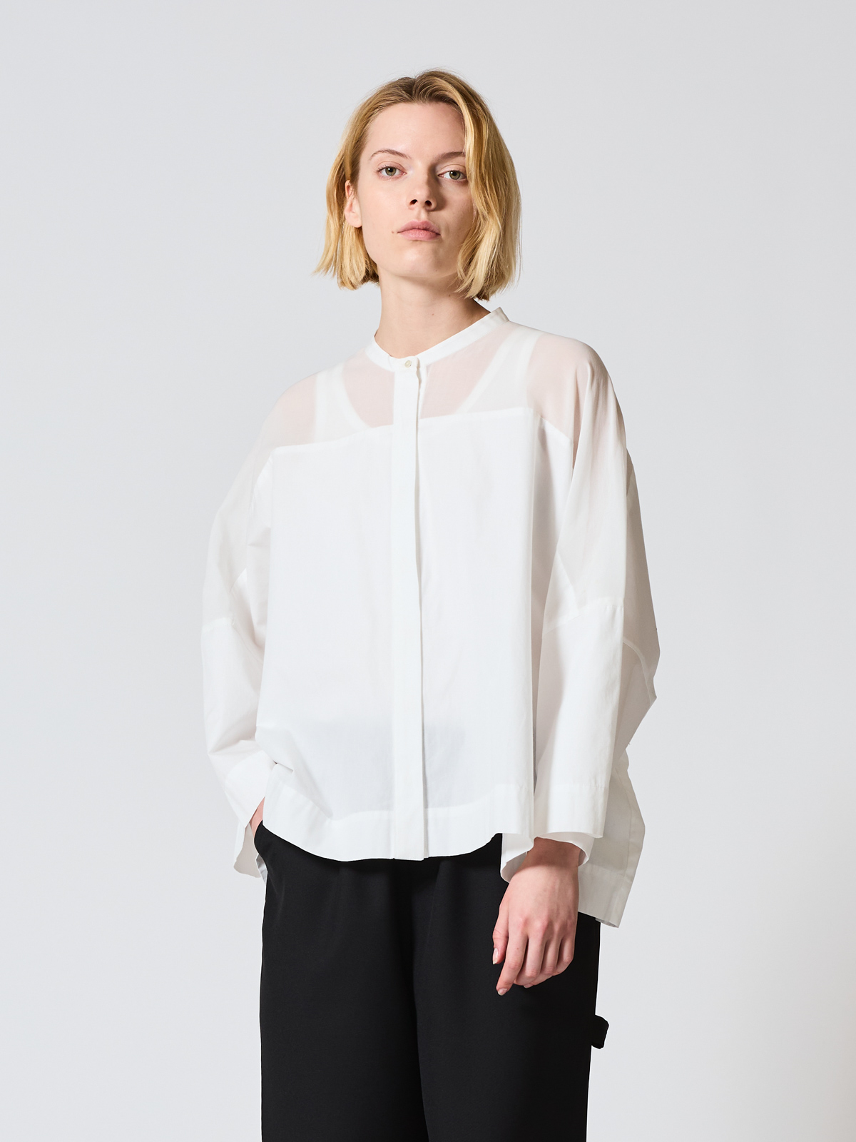 sheer shoulder stand collar wide shirt