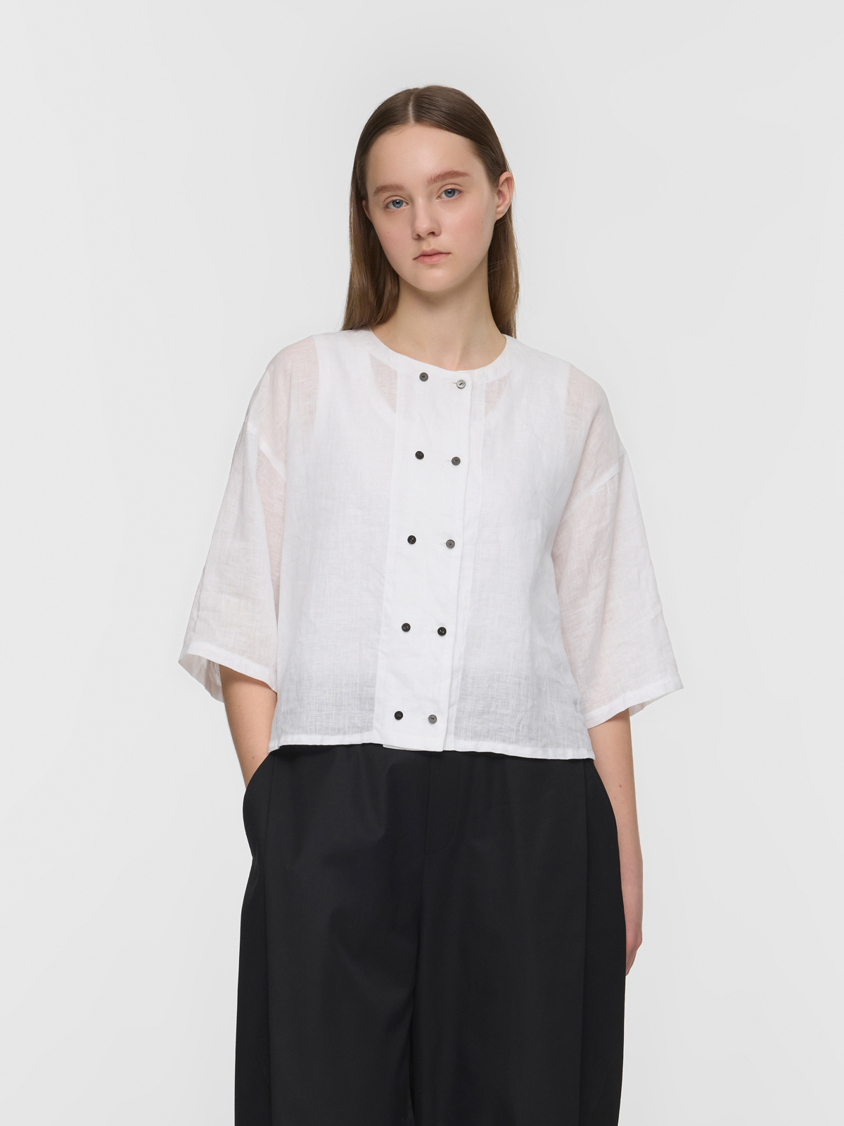 linen double crew neck shirt