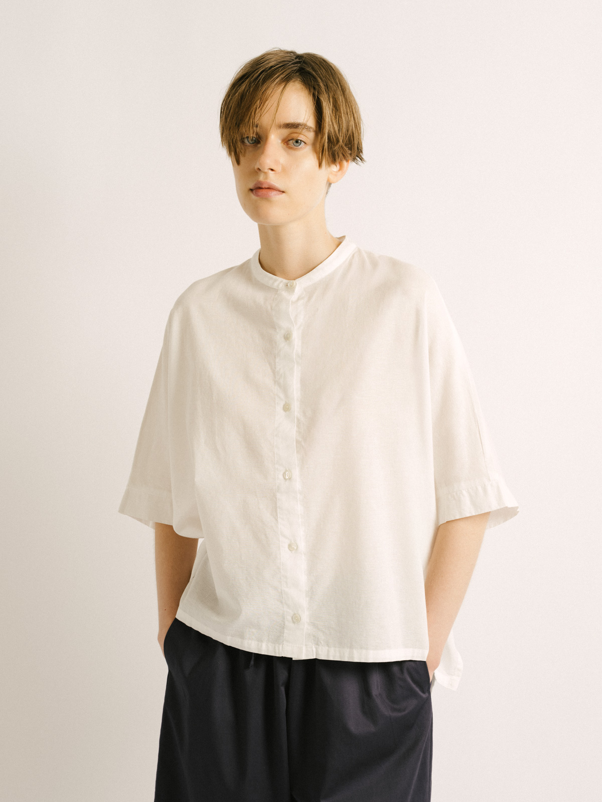 cotton linen stand collar wide shirt