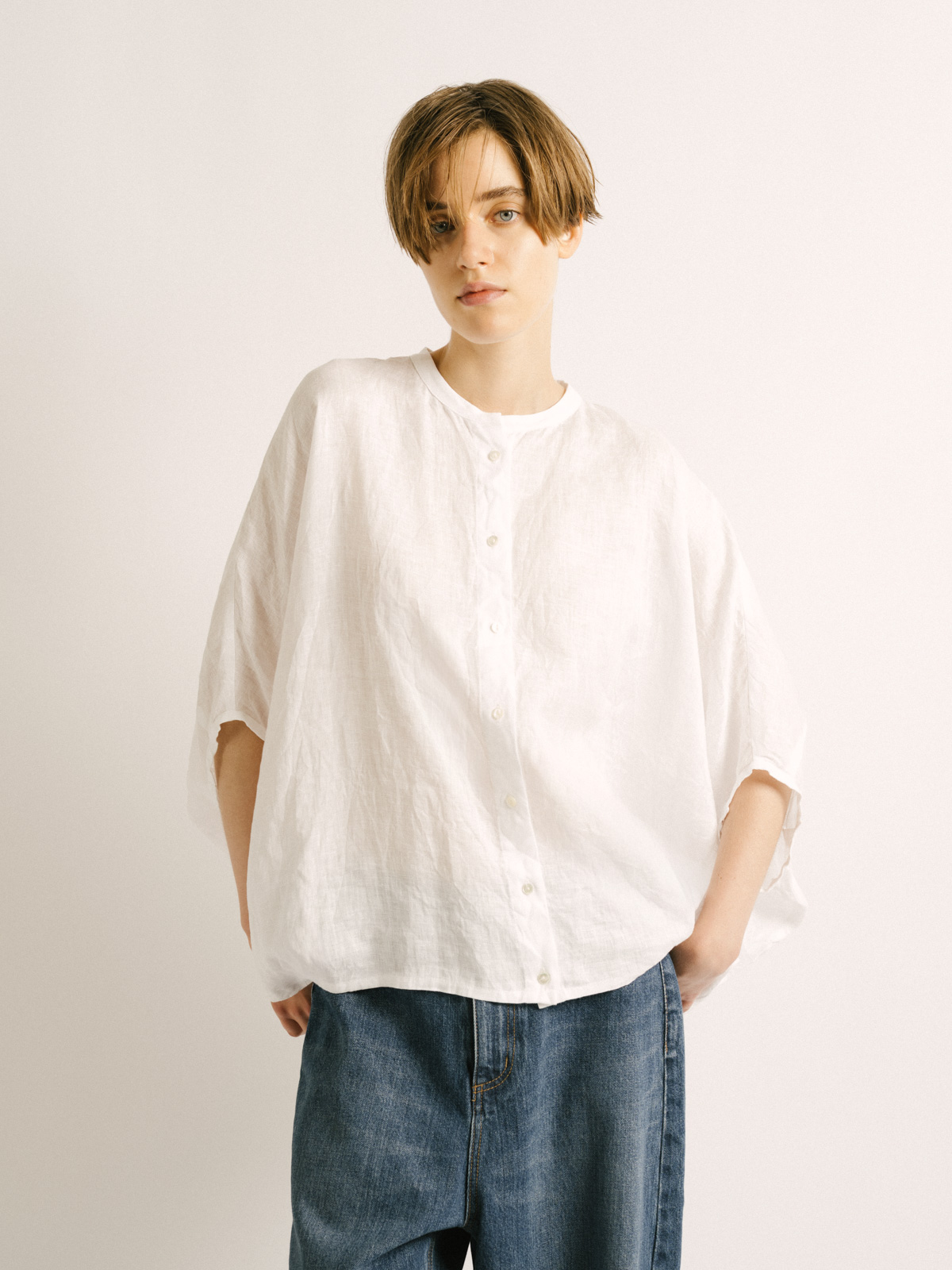 linen stand collar cocoon shirt