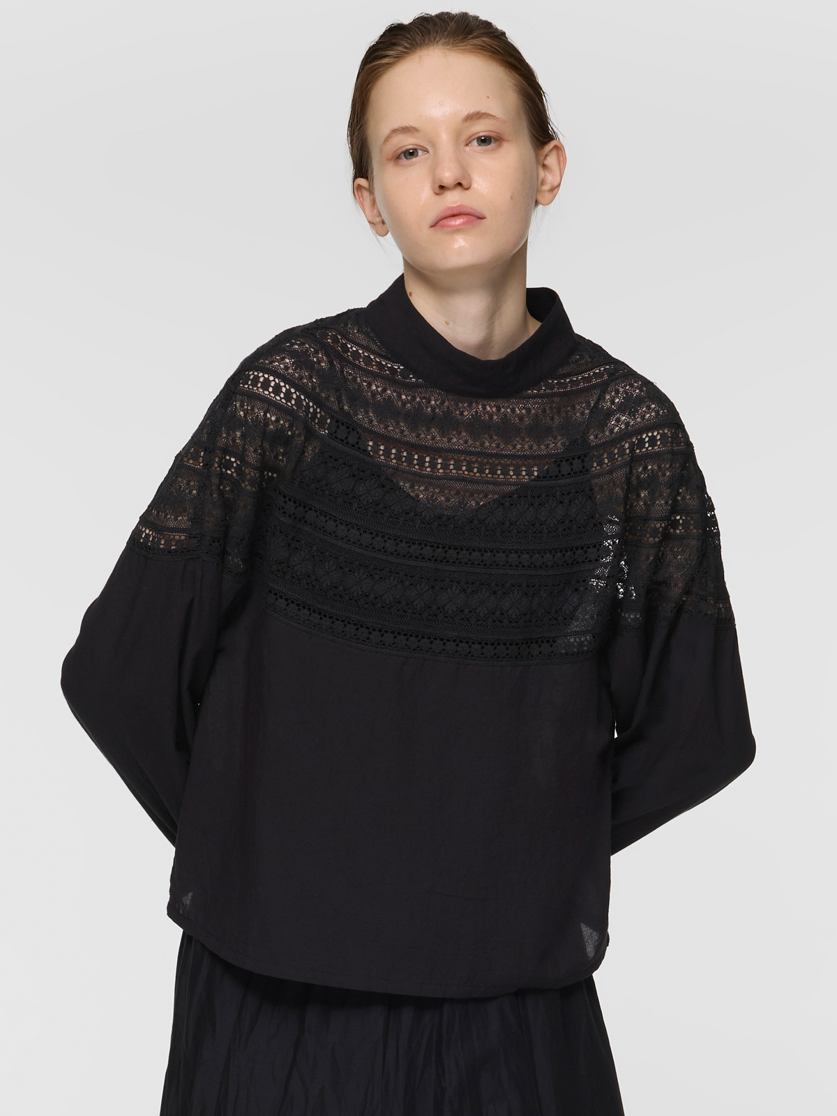 lace yoke high neck shirt