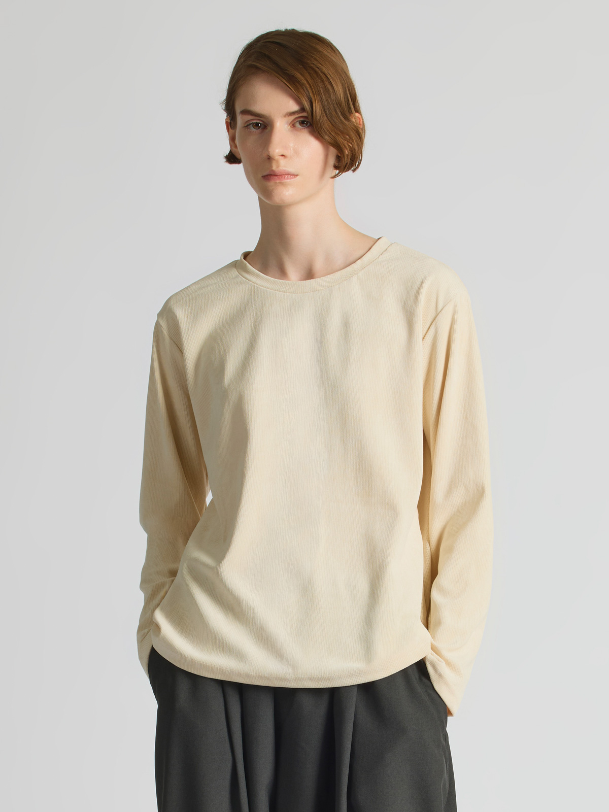 pique long slv crew neck T